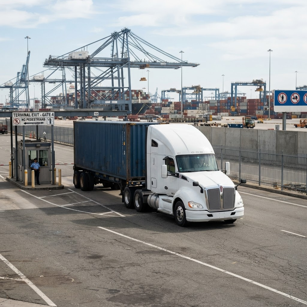 Semi truck pulling a 40ft ocean container on a chassis out of a port terminal gate