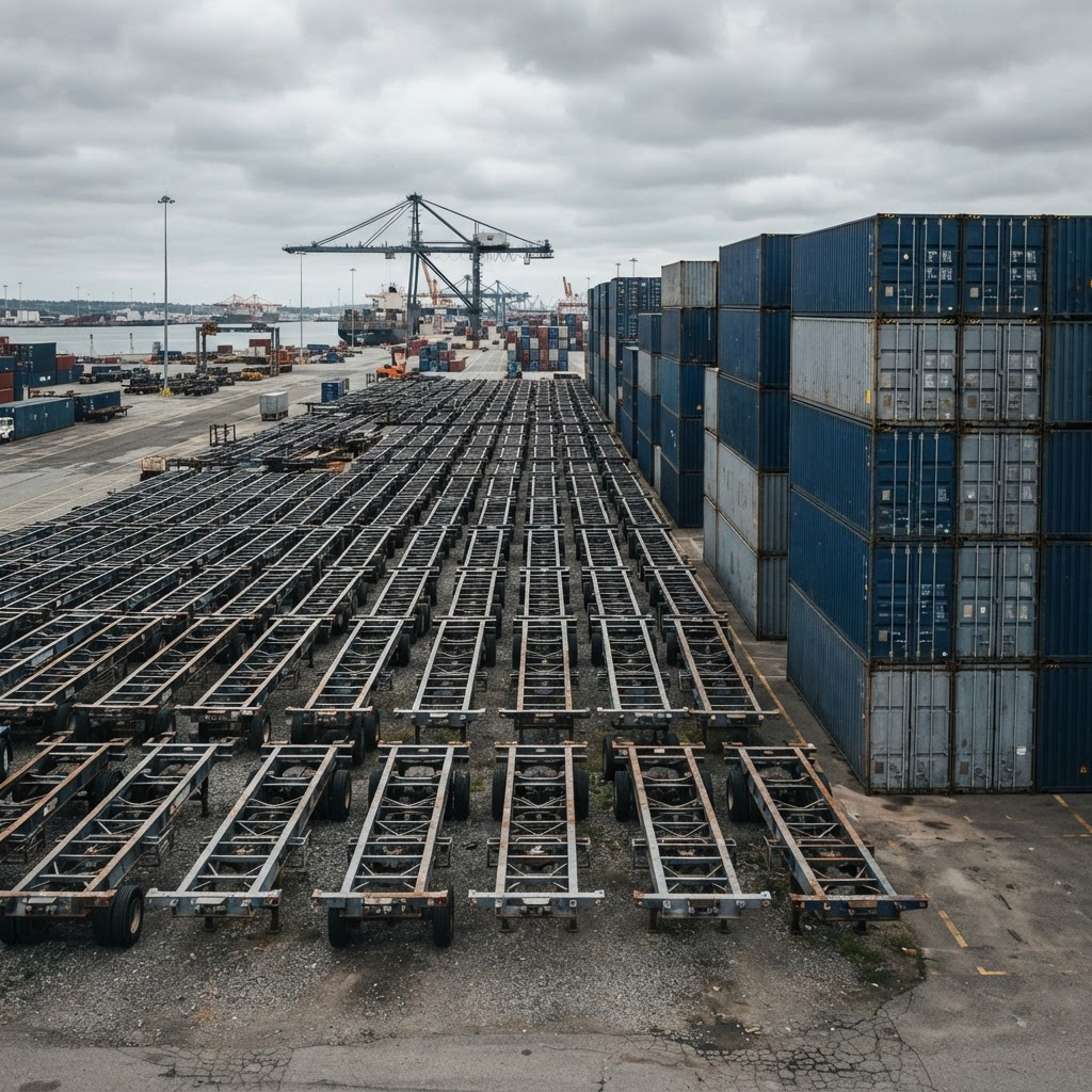 Rows of intermodal chassis and stacked ocean containers staged in a harbor equipment yard