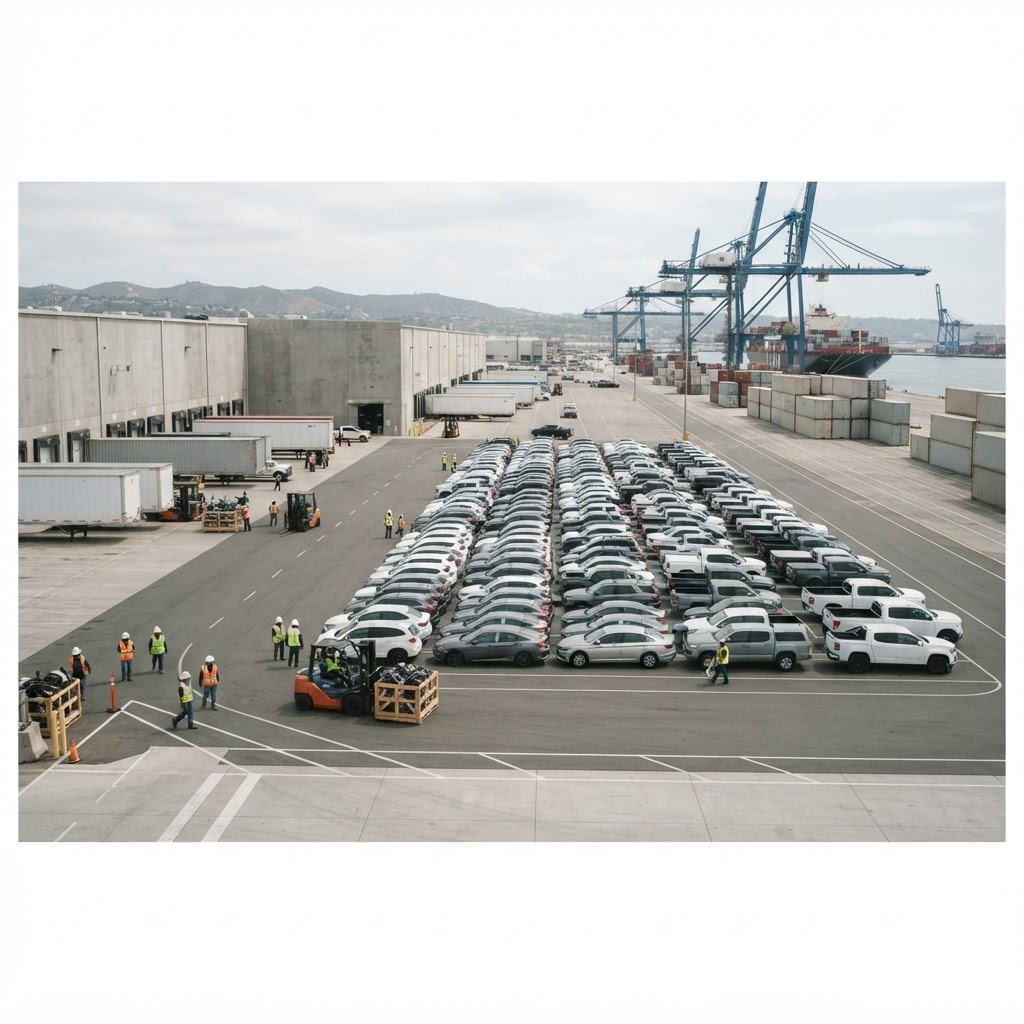 Automotive freight at a port distribution facility