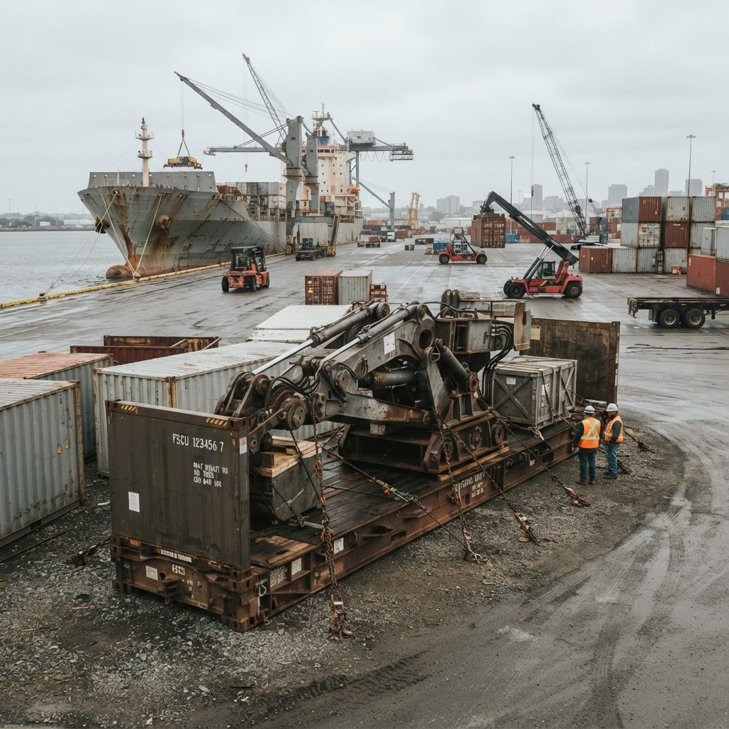 Oversized industrial cargo secured near a terminal