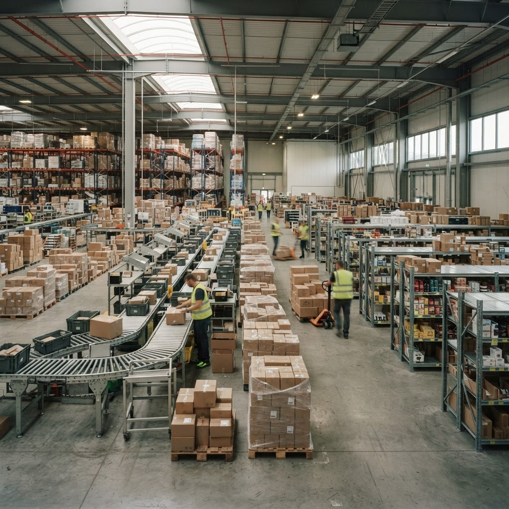 Retail and e-commerce goods in a fulfillment warehouse