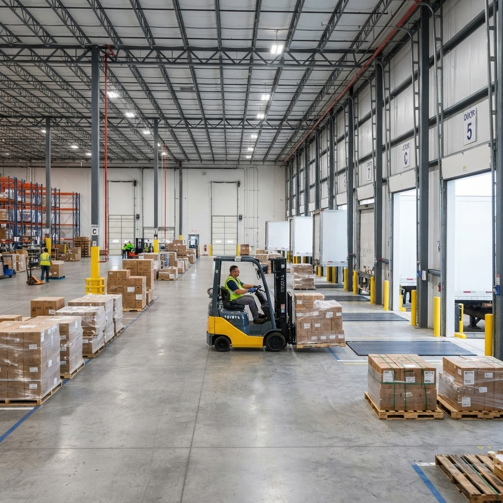 Cross-dock warehouse interior with palletized freight and dry van trailers at the dock doors